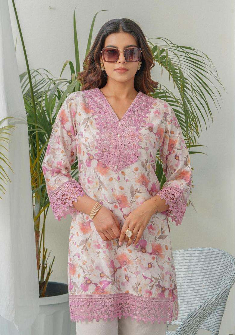 Light Pink Floral Linen Co-Ord Set - Indya