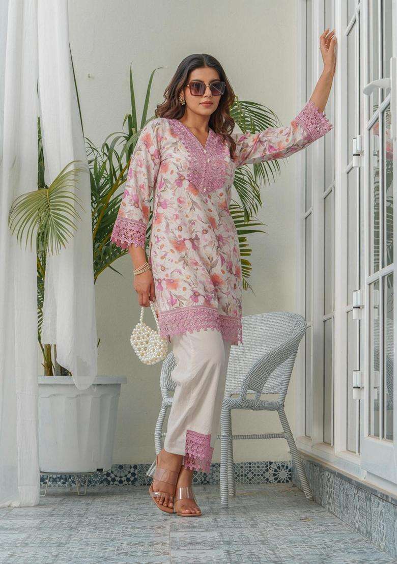 Light Pink Floral Linen Co-Ord Set - Indya