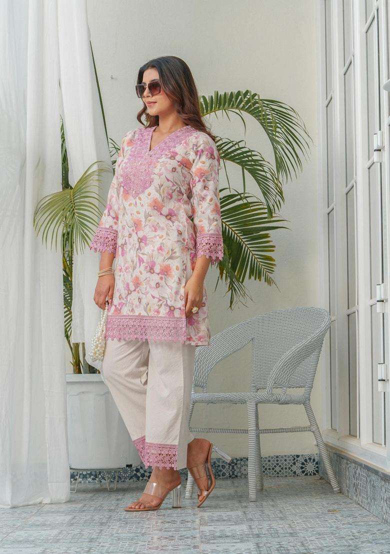 Light Pink Floral Linen Co-Ord Set - Indya