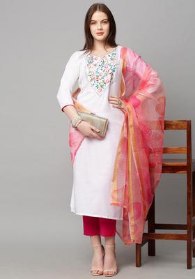 White Embroidery Rayon Kurta Set