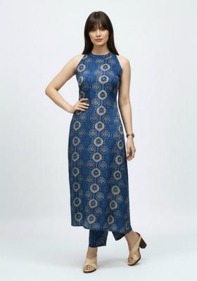 Navy Blue Printed Rayon Kurta Set