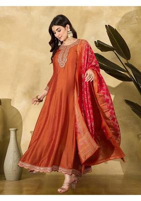 Orange Embroidery Silk Anarkali With Dupatta Set