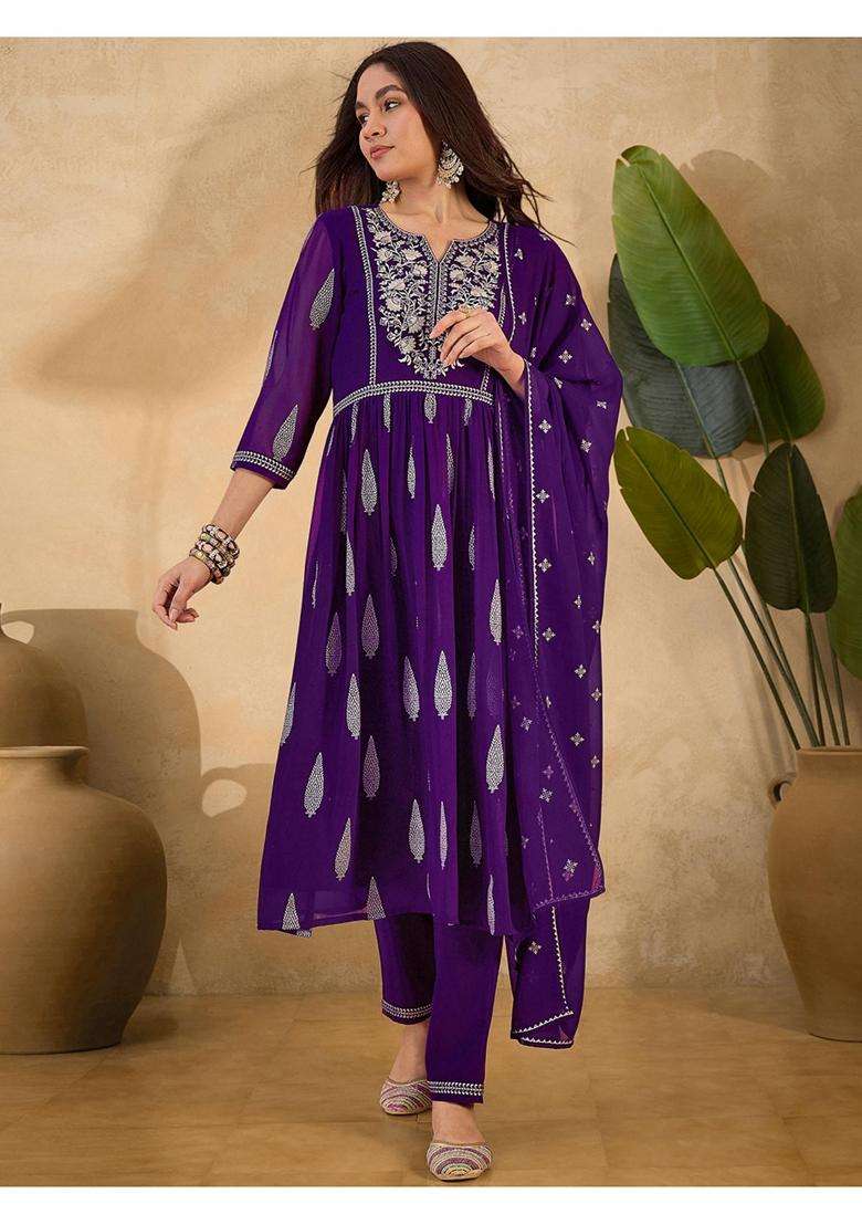 Purple Embroidery Georgette Kurta Set - Indya