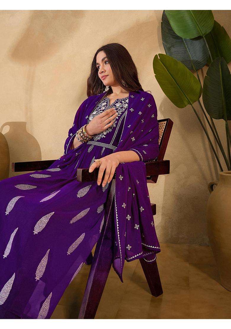 Purple Embroidery Georgette Kurta Set - Indya