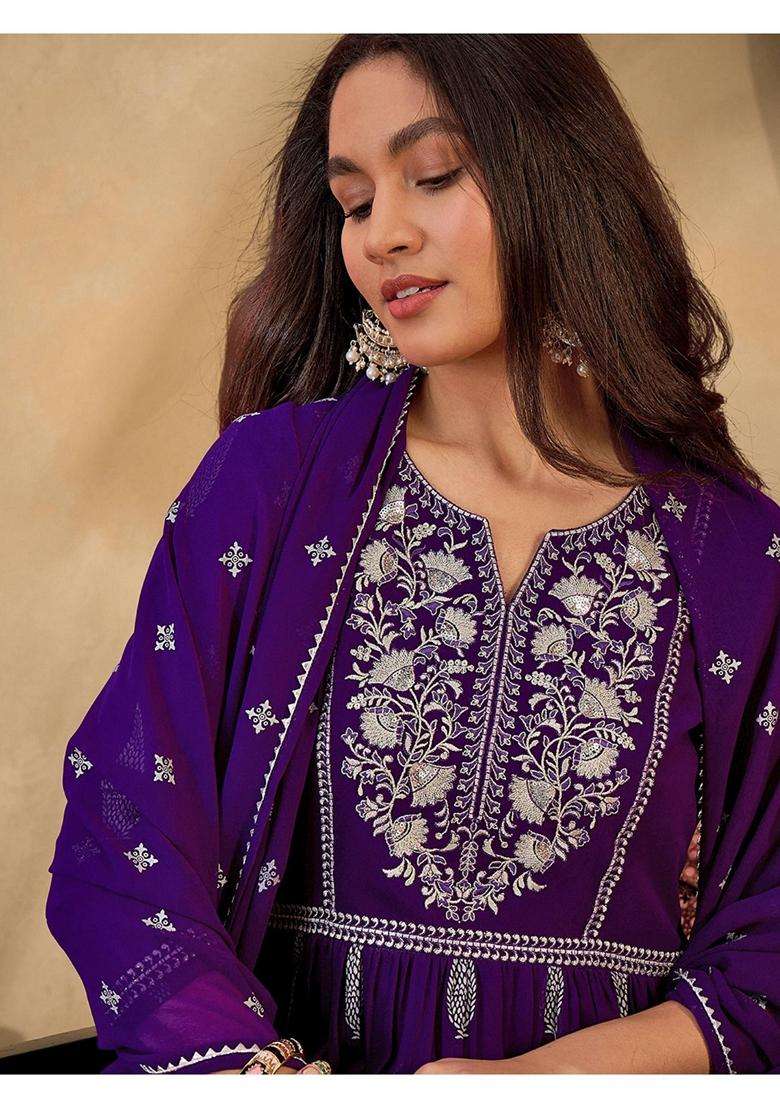 Purple Embroidery Georgette Kurta Set - Indya