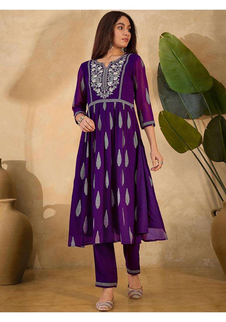 Purple Embroidery Georgette Kurta Set - Indya
