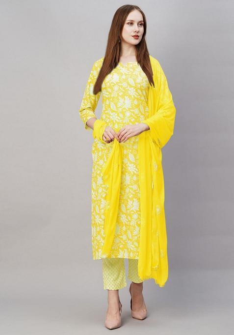 Yellow Floral Rayon Kurta Set — view on Indya