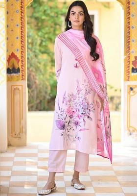 Baby Pink Floral Rayon Kurta Set