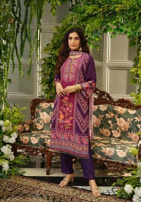 Purple Printed Polyester Kurta Set