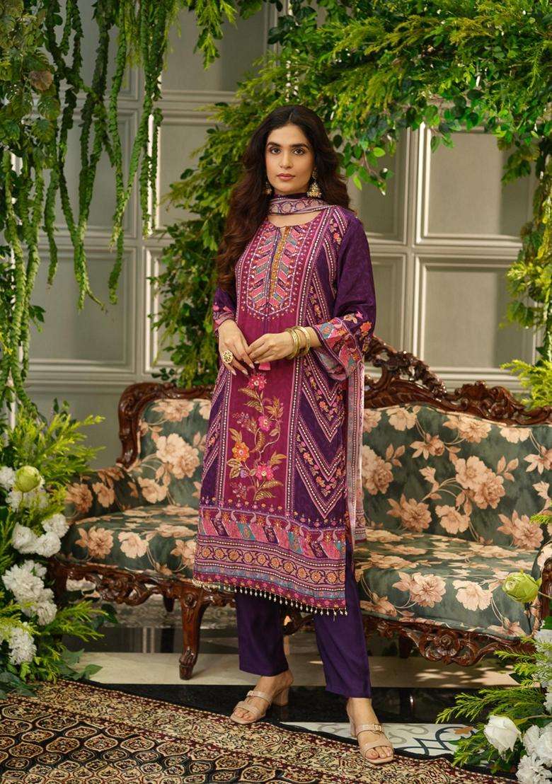 Purple Printed Polyester Kurta Set - Indya