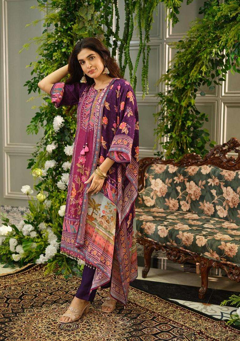 Purple Printed Polyester Kurta Set - Indya