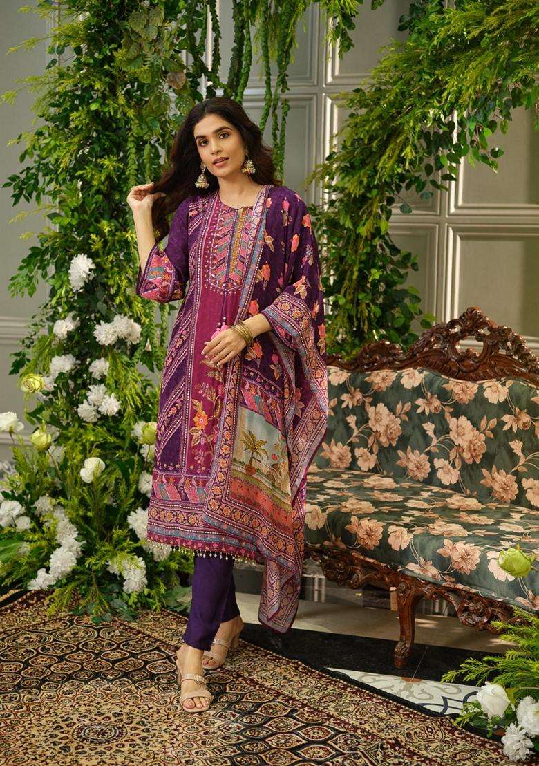 Purple Printed Polyester Kurta Set - Indya