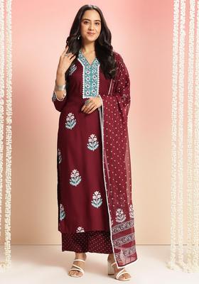 Wine Floral Rayon Kurta Set