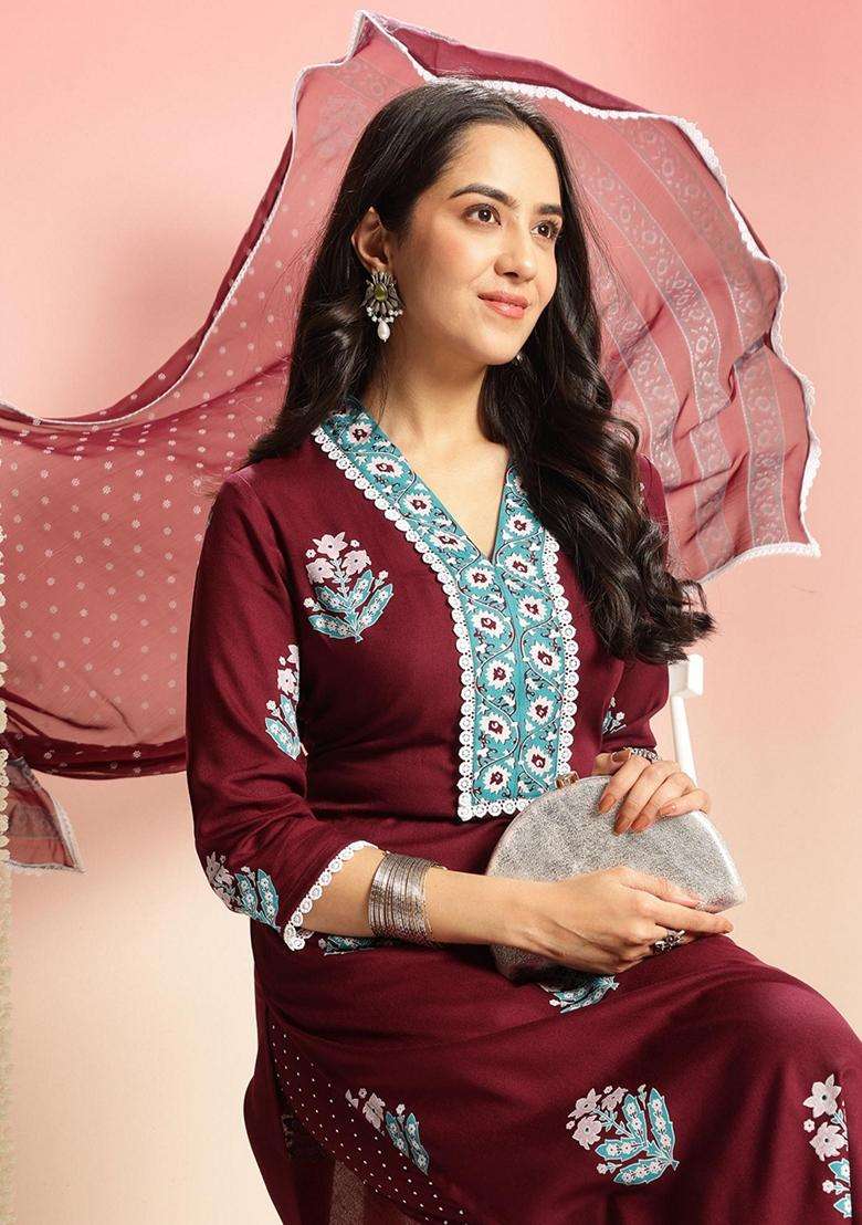 Wine Floral Rayon Kurta Set - Indya