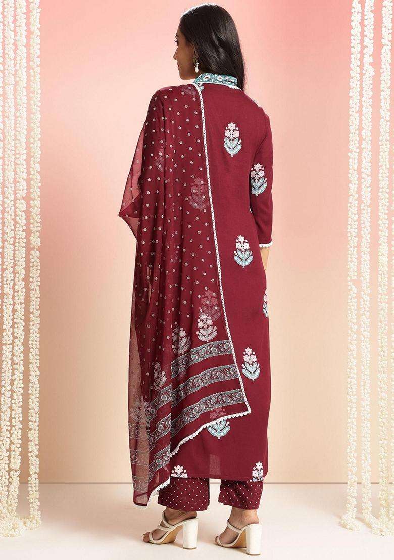 Wine Floral Rayon Kurta Set - Indya