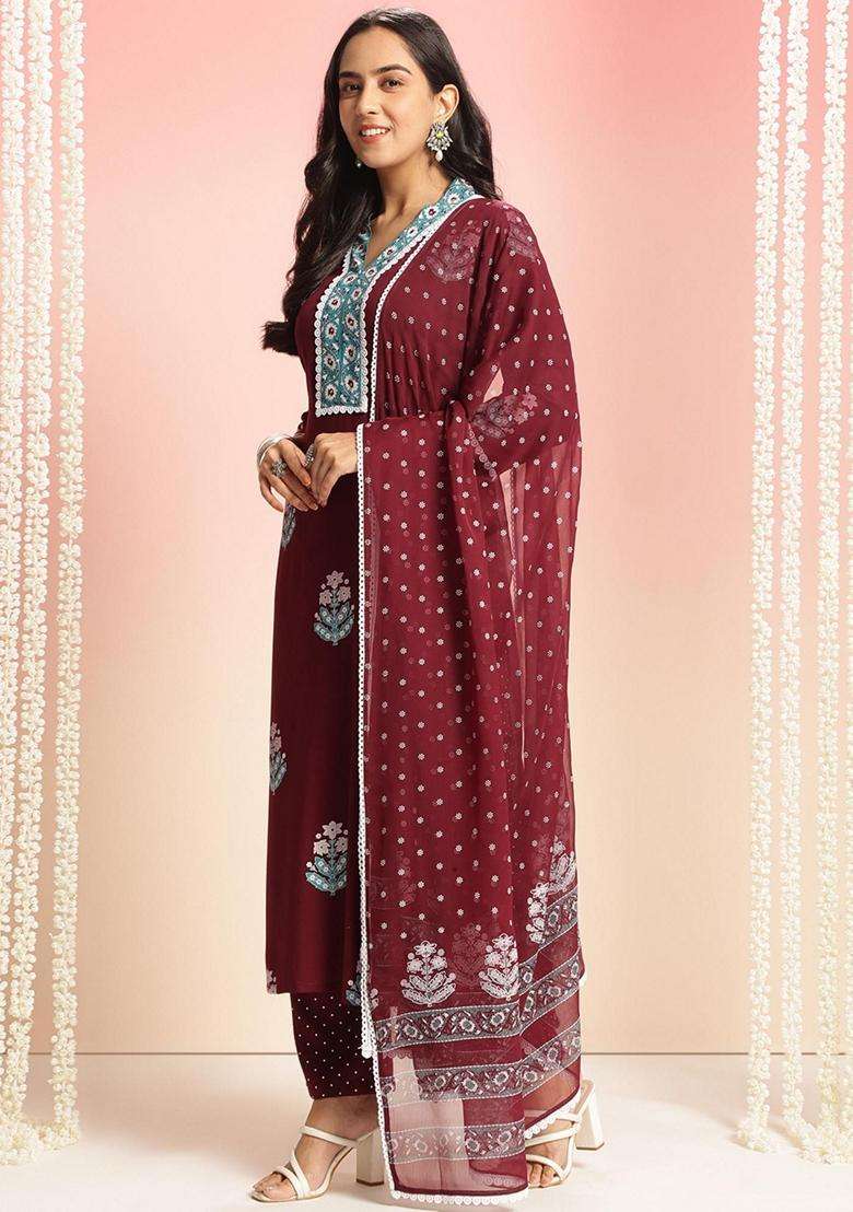 Wine Floral Rayon Kurta Set - Indya