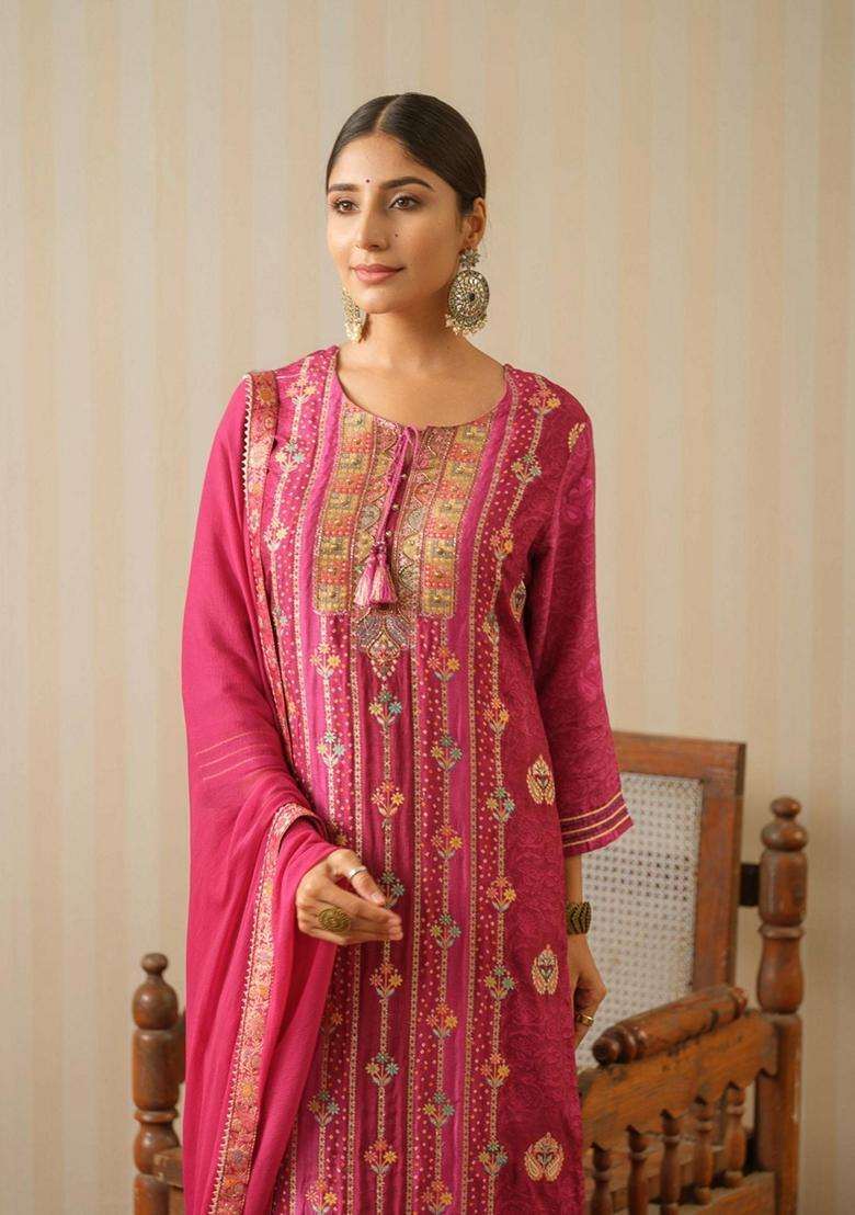 Magenta Printed Silk Blend Kurta Set - Indya