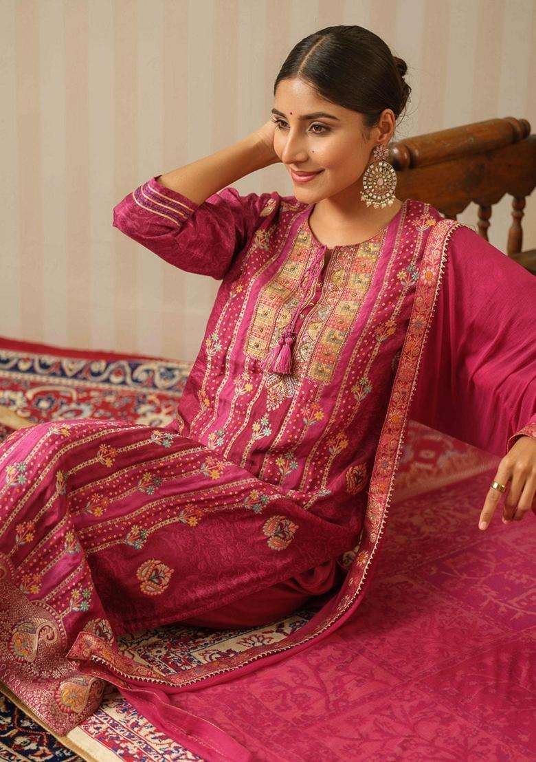 Magenta Printed Silk Blend Kurta Set - Indya