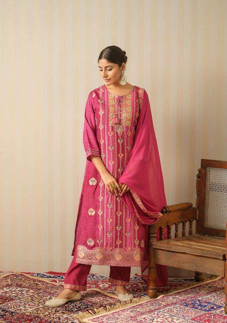 Magenta Printed Silk Blend Kurta Set - Indya
