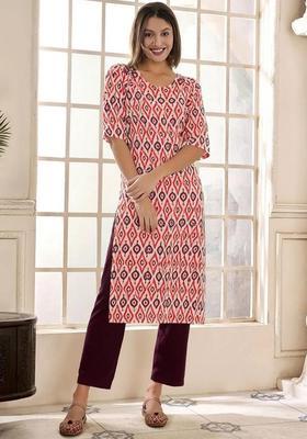 Pink Printed Crepe Kurta Set