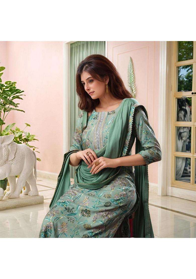 Green Floral Rayon Kurta Set - Indya