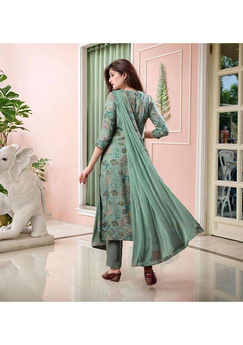 Green Floral Rayon Kurta Set - Indya