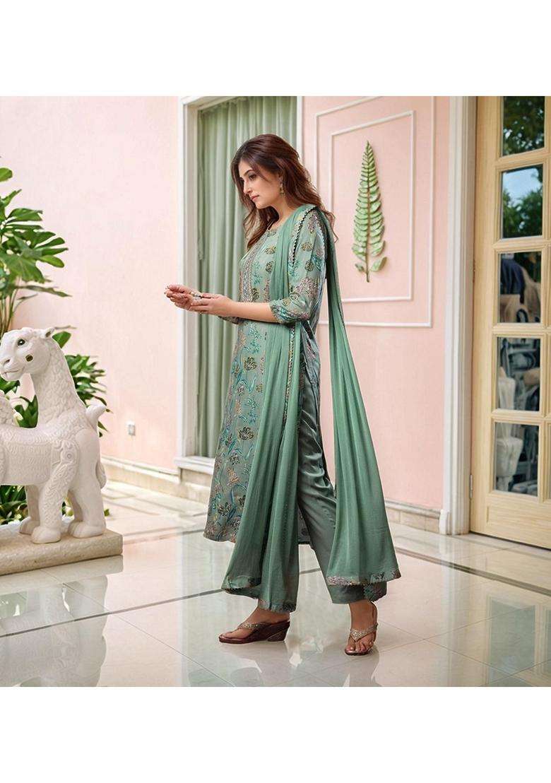 Green Floral Rayon Kurta Set - Indya