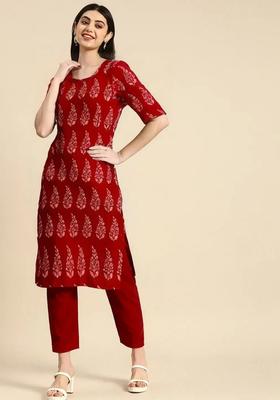 Red Printed Crepe Kurta Set