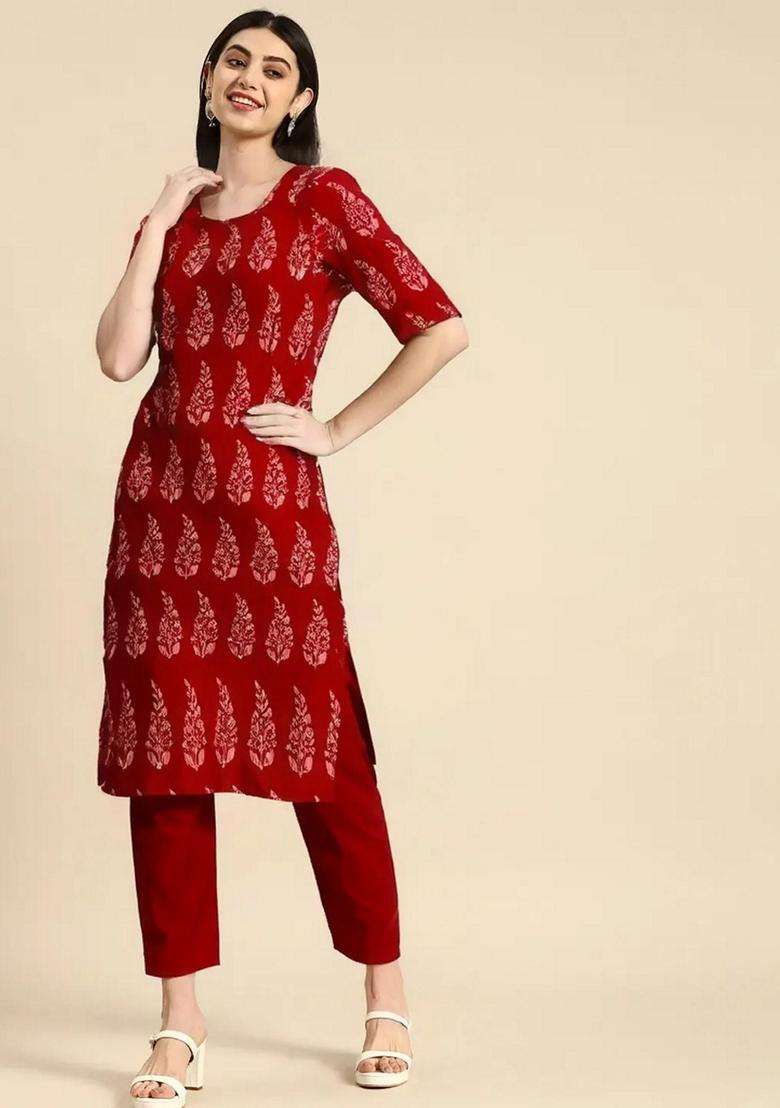 Red Printed Crepe Kurta Set - Indya
