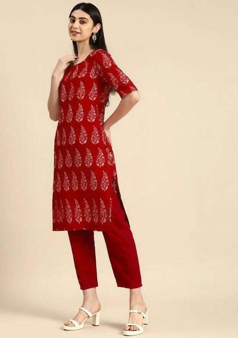 Red Printed Crepe Kurta Set - Indya