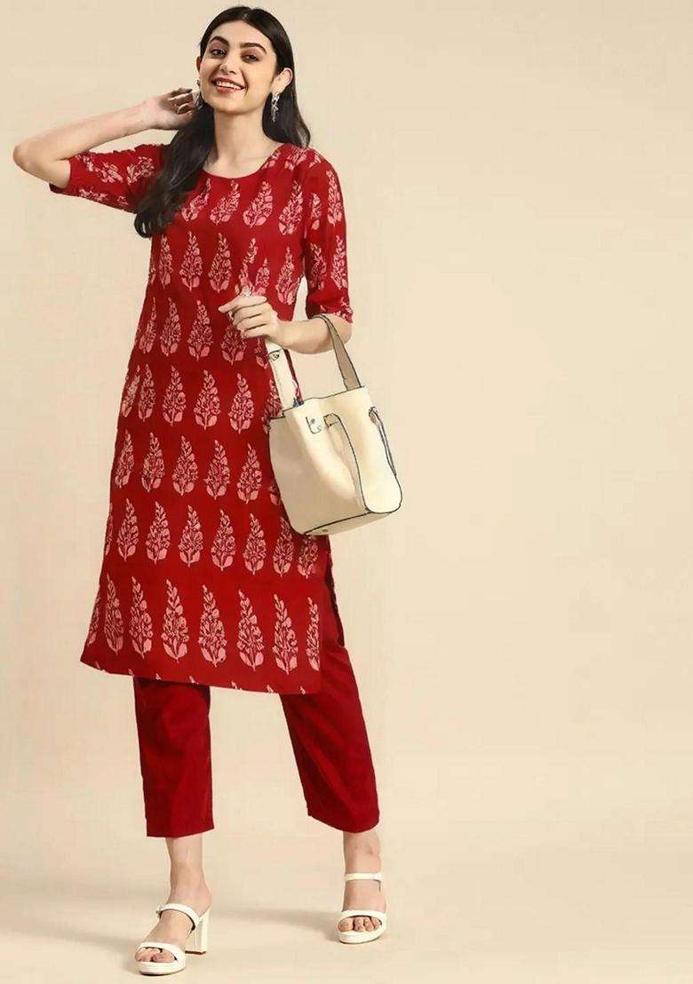 Red Printed Crepe Kurta Set - Indya