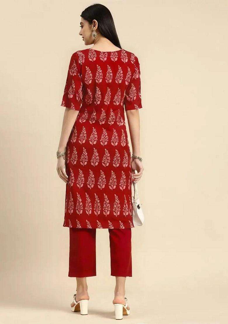 Red Printed Crepe Kurta Set - Indya
