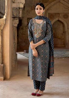 Blue Embroidery Rayon Kurta Set