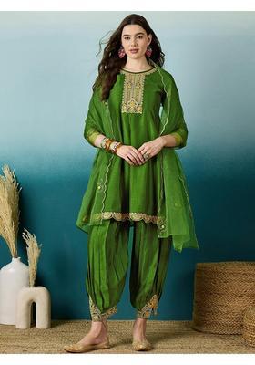Green Embroidery Silk Kurta Dhoti Set