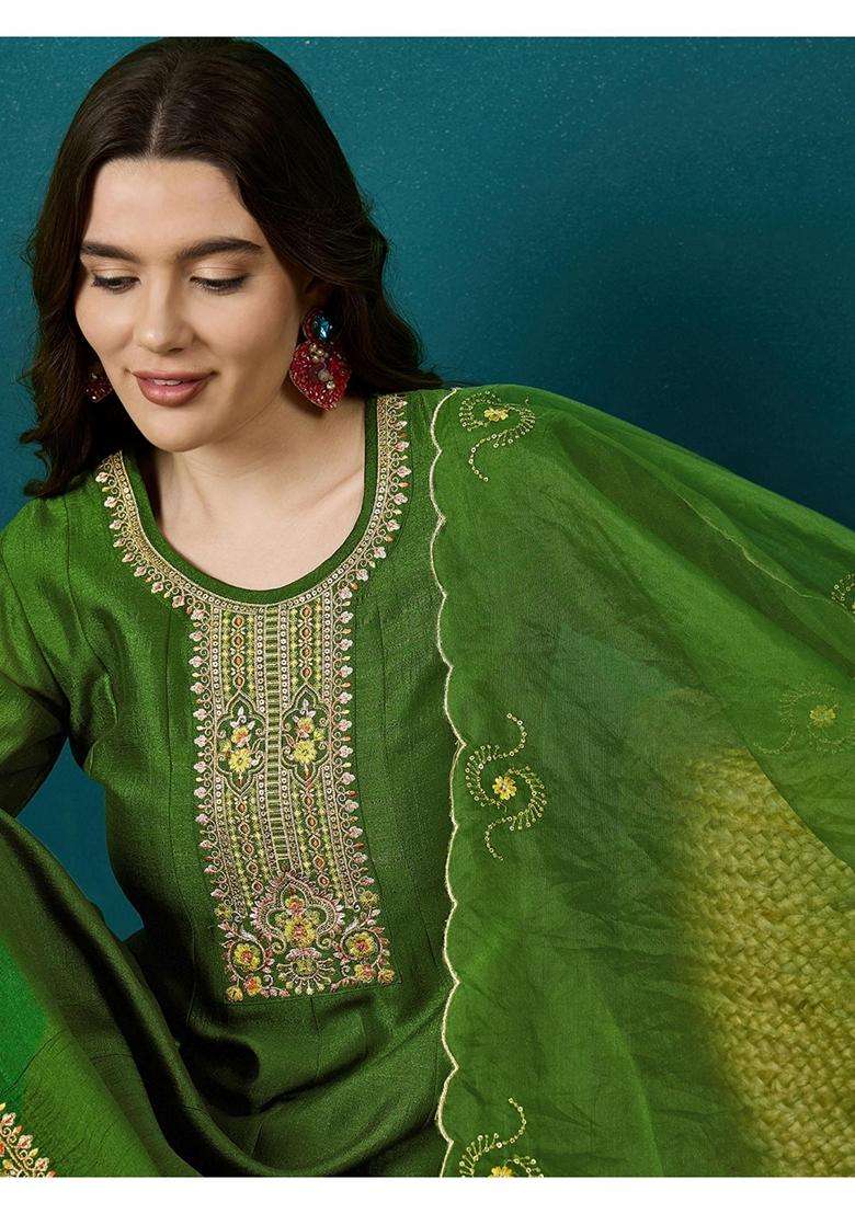Green Embroidery Silk Blend Kurta Dhoti Set - Indya
