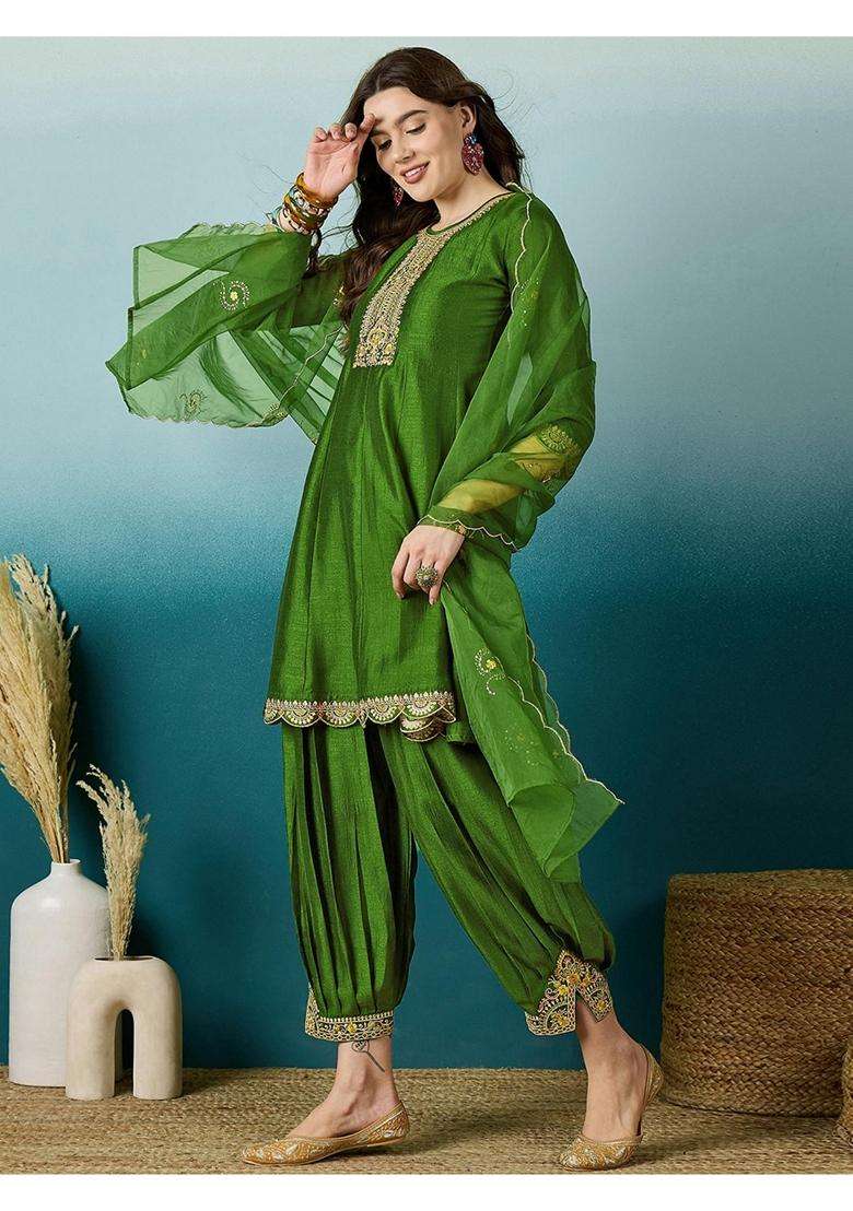 Green Embroidery Silk Blend Kurta Dhoti Set - Indya