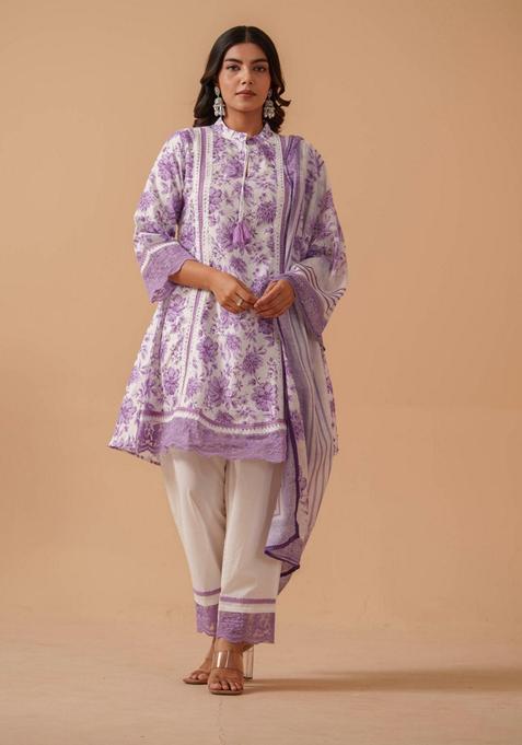 Purple Floral Linen Kurta Set — view on Indya
