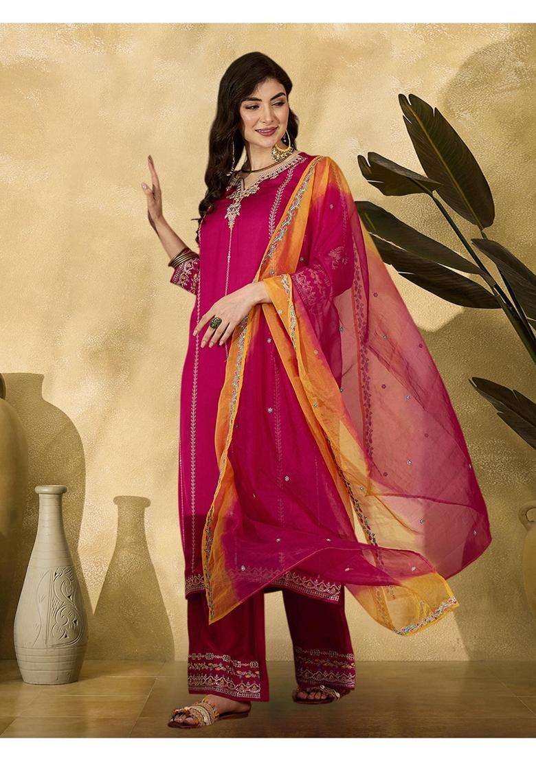 Pink Embroidery Silk Blend Kurta Set - Indya