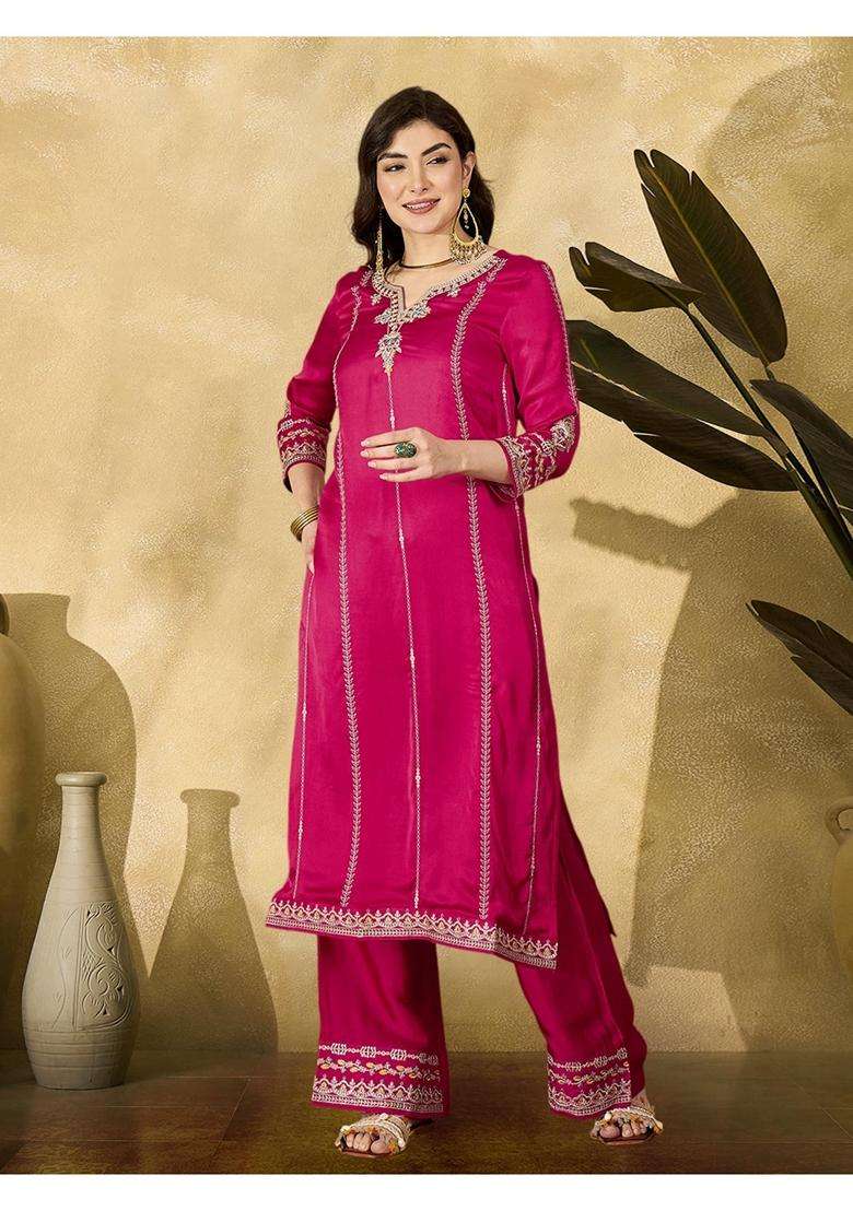Pink Embroidery Silk Blend Kurta Set - Indya