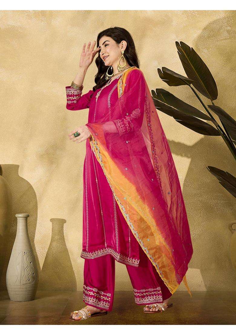 Pink Embroidery Silk Blend Kurta Set - Indya