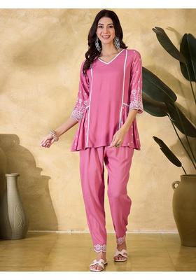 Pink Embroidery Cotton Co-Ord Set