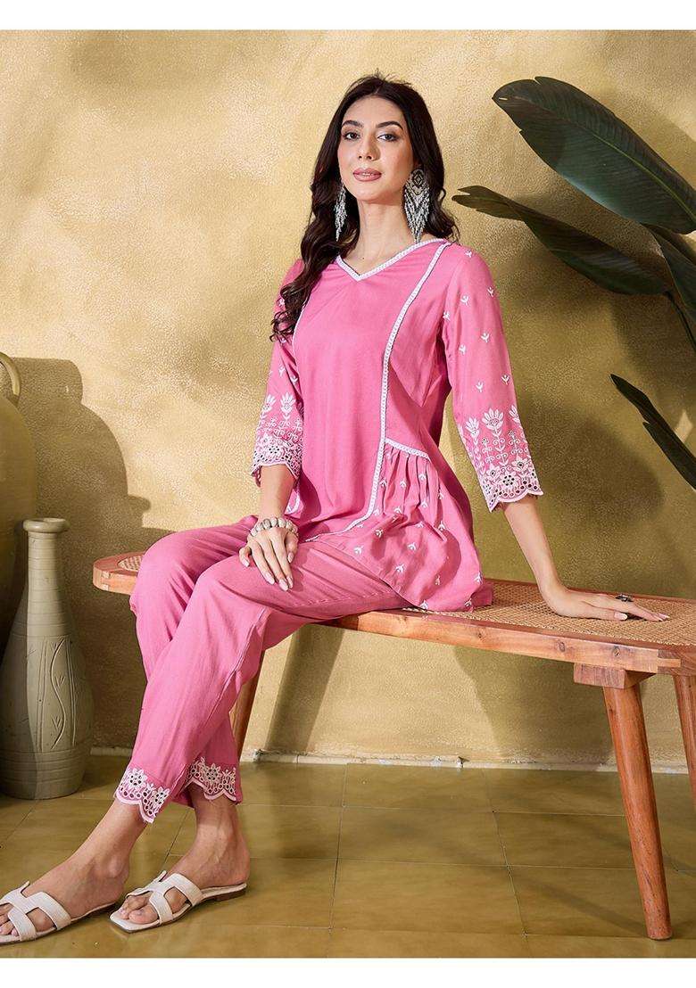 Pink Embroidery Cotton Co-Ord Set - Indya