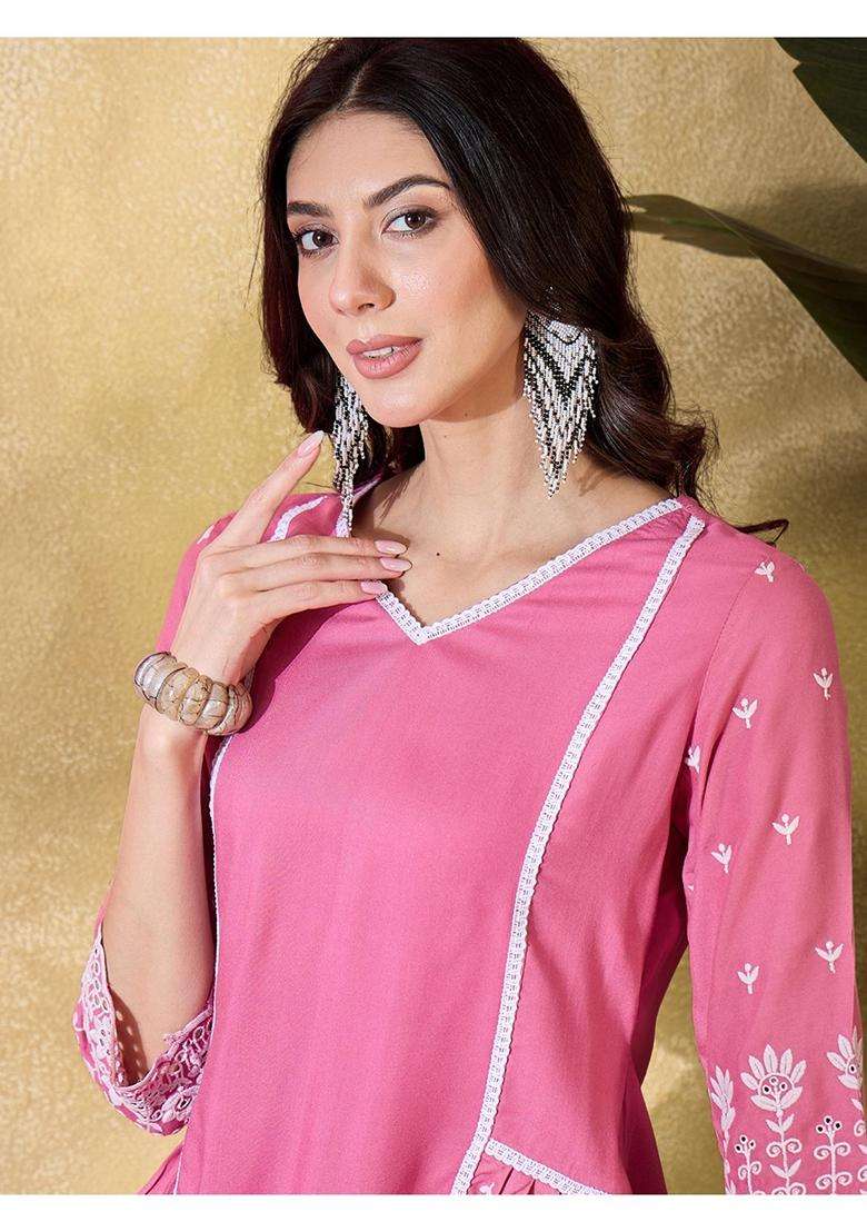 Pink Embroidery Cotton Co-Ord Set - Indya