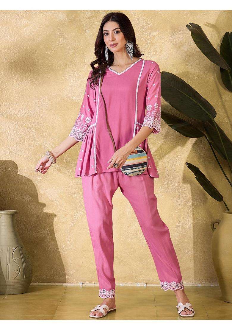 Pink Embroidery Cotton Co-Ord Set - Indya