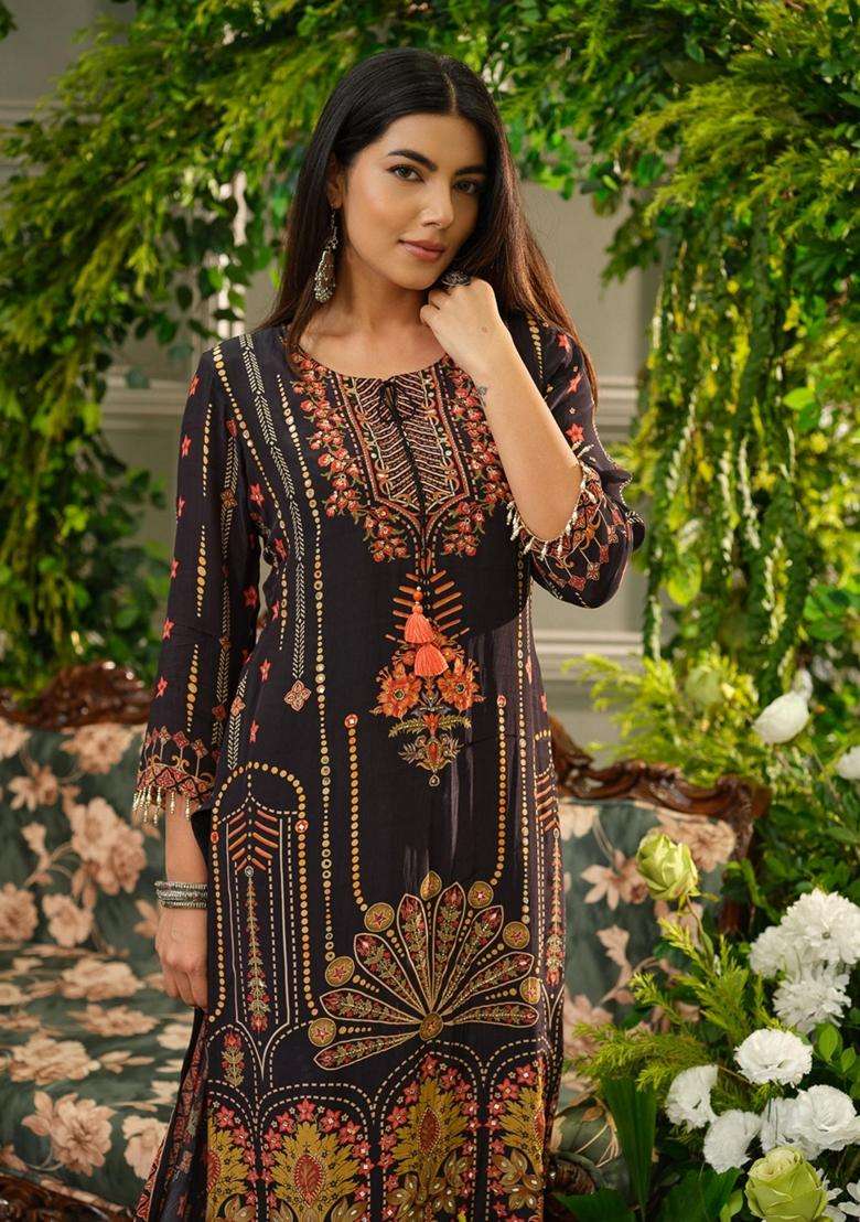 Black Printed Polyester Kurta Set - Indya
