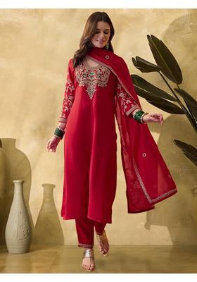 Red Embroidery Georgette Kurta Set
