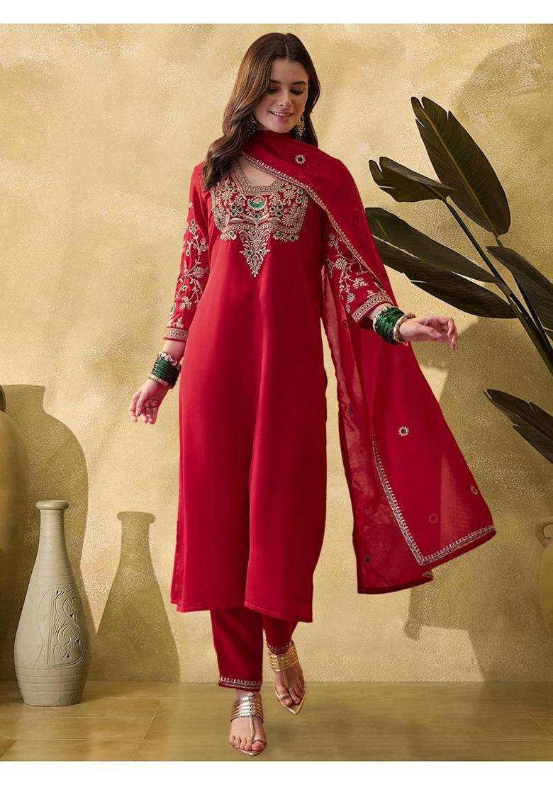 Red Embroidery Georgette Kurta Set - Indya