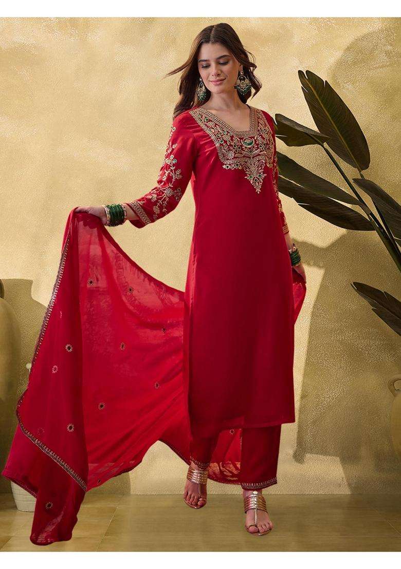 Red Embroidery Georgette Kurta Set - Indya