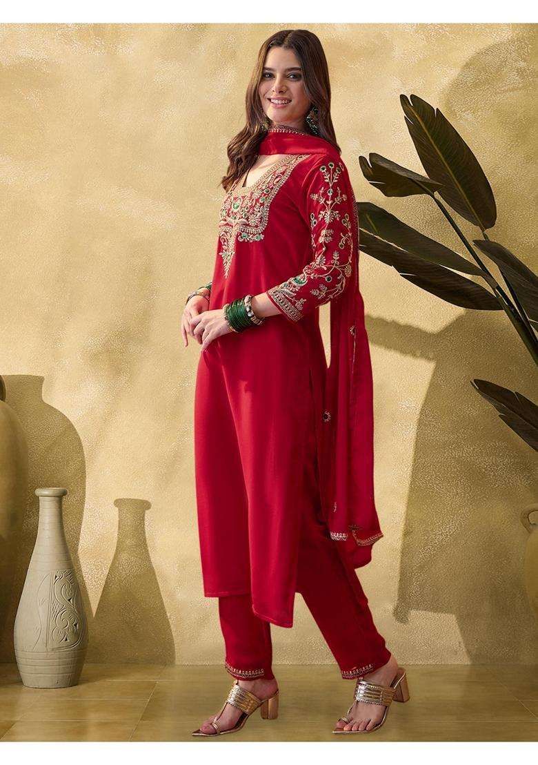 Red Embroidery Georgette Kurta Set - Indya
