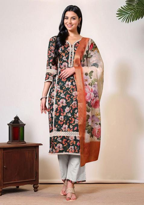 Green Floral Cotton Kurta Set — view on Indya